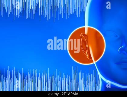 Hearing problems and solutions. Ultrasound. Deafness. Advancing age and hearing loss. Soundwave and equalizer bars with human ear. Sense of hearing Stock Photo