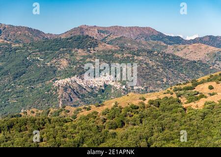 View of Francavilla di Sicilia and surrounding valley and mountains Stock Photo