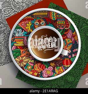 Vector illustration with a Cup of coffee and Chinese New Year doodles Stock Vector