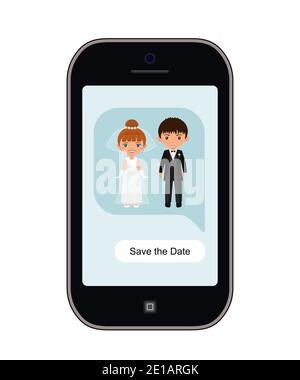 Wedding invitation. Wedding couple on smartphone screen. Cartoon flat style. Vector illustration Stock Vector