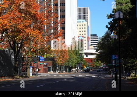 Portland, Oregon - 0ct, 26, 2020: Editorial image - General View of 4th Ave in downtown Portland in the fall. Stock Photo