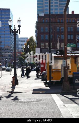 Portland, Oregon - 0ct, 26, 2020: Editorial image - General View of food carts in downtown Portland in the fall. Stock Photo