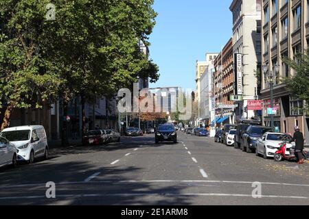 Portland, Oregon - 0ct, 26, 2020: Editorial image - General View of 3rd Ave. in downtown Portland in the fall. Stock Photo