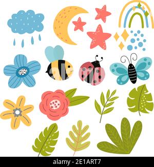 Set of spring elements - flowers, bee, butterfly Stock Vector