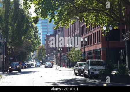Portland, Oregon - 0ct, 26, 2020: Editorial image - General View of 2nd Ave in downtown Portland in the fall. Stock Photo