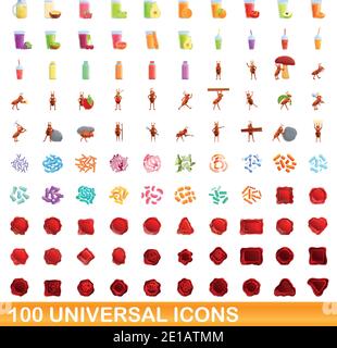 100 universal icons set. Cartoon illustration of 100 universal icons vector set isolated on white background Stock Vector