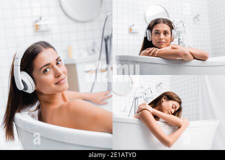 Young handsome man in wireless headphones relaxing in bath with foam and  enjoying music Stock Photo