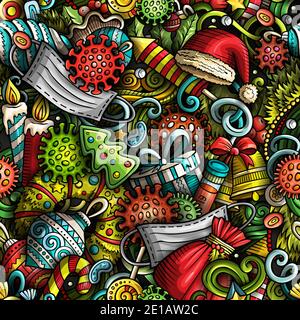 Cartoon cute doodles New Year and Coronavirus seamless pattern Stock Vector