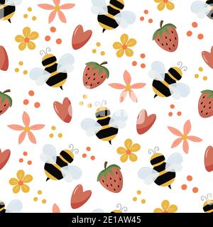 Seamless pattern with the image of bee, strawberry Stock Vector