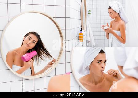 collage of young woman drying hair, brushing teeth, holding container with cosmetic cream near mirror in bathroom Stock Photo