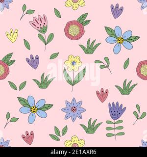 Seamless pattern with blue, yellow, lilac flowers Stock Vector