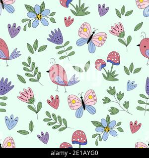 Seamless pattern - flowers, butterflies, mushrooms Stock Vector