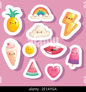 bundle of ten kawaii stickers characters Stock Vector