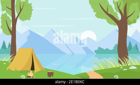 Tourist camp by river or lake nature landscape vector illustration. Cartoon mountain natural calm scenery with campsite tent among summer trees, bonfire. Adventure wildlife tourism scene background Stock Vector