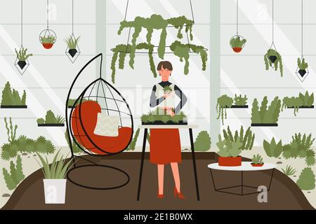 Woman with greenhouse hobby vector illustration. Cartoon young female character cares for green plants, crazy plant lady growing houseplants in pots of home garden in interior apartments background Stock Vector