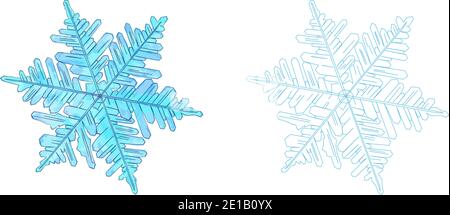 Hand drawn watercolour illustration of dark and light blue snowflake. Isolated on white background. Coloring page with blue outline. Stock Vector