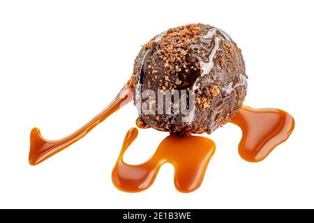 Chocolate candies sweets with caramel sauce  isolated on a white background. Caramel topping. Close-up Stock Photo