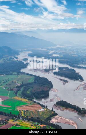 Aerial landscape picture of Fraser River and farms. Stock Photo