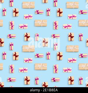 Seamless pattern made from gift boxes on blue background presents, gifts minimal concept seamless pattern. Abstract pattern for christmas birthday Stock Photo