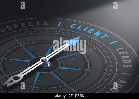Compass with needle pointing the word client. customer relationship management. 3d illustration Stock Photo