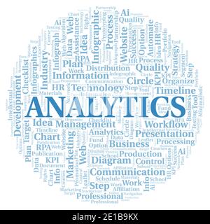 Analytics typography word cloud create with text only. Stock Photo