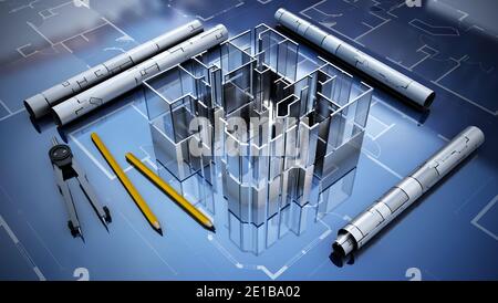 Architectural plans, house model, pencil and compasses. 3D illustration. Stock Photo