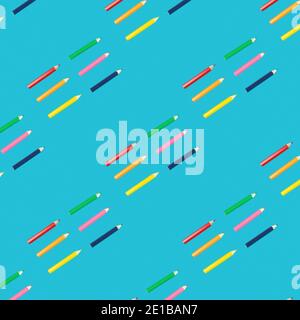 Seamless pattern of colored pencils on a blue background. Square pattern Stock Photo