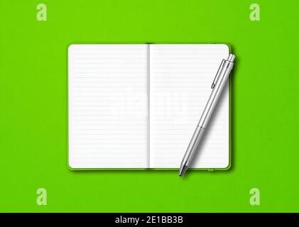 Green open lined notebook mockup with a pen isolated on colorful background Stock Photo