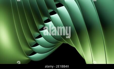 Twisted, abstract, elegant, warped 3D object with lines and flowing curves curvature wave shaped design background, cgi illustration, rendering, green Stock Photo