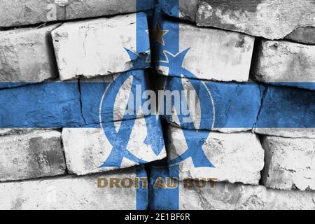 Football Club Olympique de Marseille flag painted on brick wall Stock Photo