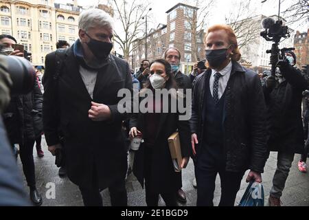 Julian Assange's partner, Stella Moris, and WikiLeaks spokesman Kristinn Hrafnsson (left) arrive at Westminster Magistrates' Court, London, where Wikileaks founder Julian Assange's legal team will argue for conditional bail, pending an appeal by US authorities against the decision not to allow his extradition. Stock Photo