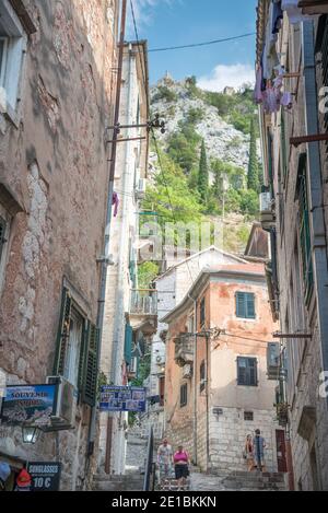 A typical old winding narrow street in Old Town Kotor,quiet in the late afternoon.