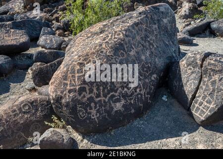 Petroglyphs by Hohokam people, at Painted Rock Petroglyph Site, Sonoran Desert, near Gila Bend, Arizona, USA Stock Photo
