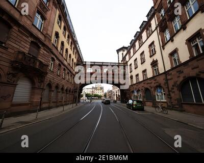 Old enclosed covered skyway skybridge skywalk footbridge connecting two historical buildings in Bethmannstrasse Frankfurt am Main Hesse Germany Europe Stock Photo