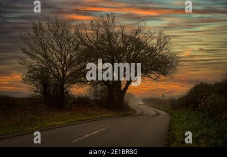 Dawn Landscape with car Stock Photo