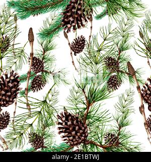 Botanical seamless pattern of forest plants and trees