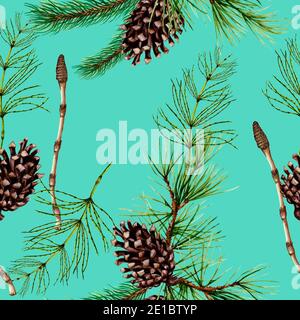 Botanical seamless pattern of forest plants and trees