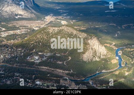 Aerial view of Tunnel Mountain and Town of Banff. Banff National Park, Canadian Rockies, Alberta, Canada. Stock Photo