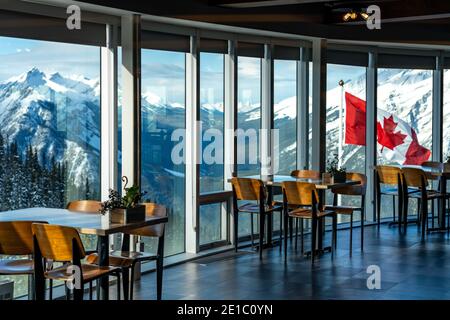 Interior of Banff Gondola station Sky Bistro observatory. Sulphur Mountain summit, Banff National Park, Canadian Rockies. Stock Photo