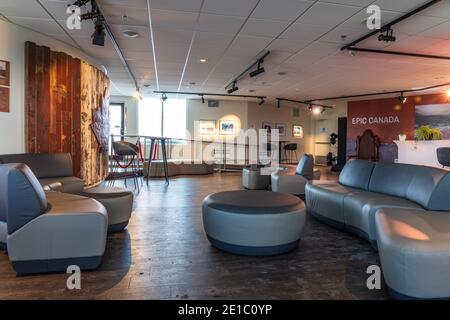 Interior of Banff Gondola station Sky Bistro observatory. Sulphur Mountain summit, Banff National Park, Canadian Rockies. Stock Photo