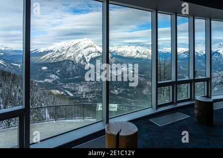 Interior of Banff Gondola station Sky Bistro observatory. Sulphur Mountain summit, Banff National Park, Canadian Rockies. Stock Photo