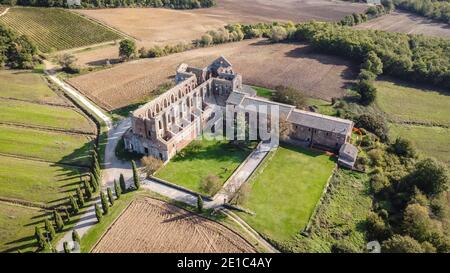 Aerial view of the abbey of San Galgano. is located about 25 miles from Siena, in southern Tuscany, Italy, Siena region. The Cistercian Abbey Stock Photo
