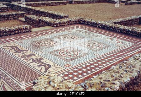 Littlecote Roman Villa near Ramsbury, Wiltshire. Well preserved mosaics with main Orpheus theme. Archival scan from a slide. June 1991. Stock Photo