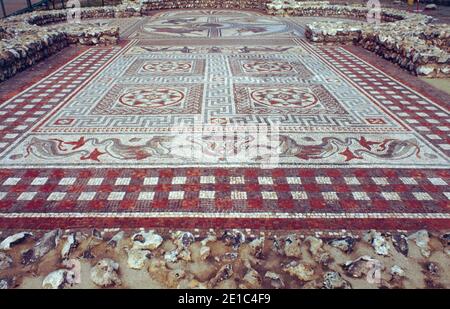 Littlecote Roman Villa near Ramsbury, Wiltshire. Well preserved mosaics with main Orpheus theme. Archival scan from a slide. June 1991. Stock Photo