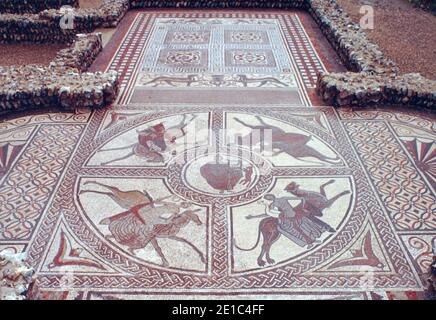 Littlecote Roman Villa near Ramsbury, Wiltshire. Well preserved mosaics with main Orpheus theme. Archival scan from a slide. June 1991. Stock Photo