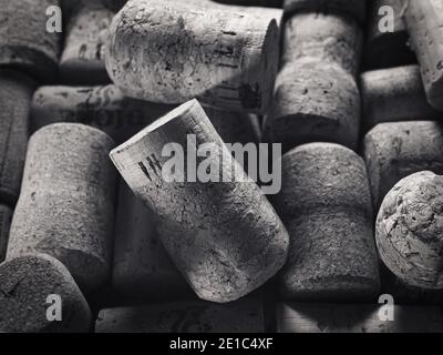 Close up wide black and white image on a full frame of corks from wine bottles Stock Photo