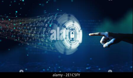 Businessman using Cyber Security Privacy, Information Privacy, and Data Protection to block a cyber attack. World map background. Stock Photo
