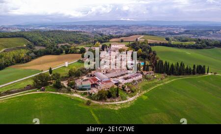 aerial view of tuscan hill in Colle di Val d'elsa, Chianti region, Siena province. Tuscany region, Italy. Farmhouse Tenuta di Mensanello. Stock Photo