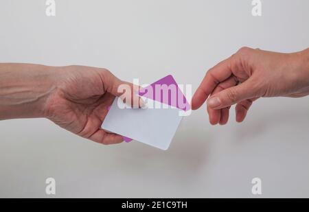 Business people exchanging cards images Stock Photo