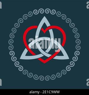 Colored triquetra with heart symbol within a circular spiral frame. Triangular Celtic knot, figure used in ancient Christian ornamentation. Stock Photo